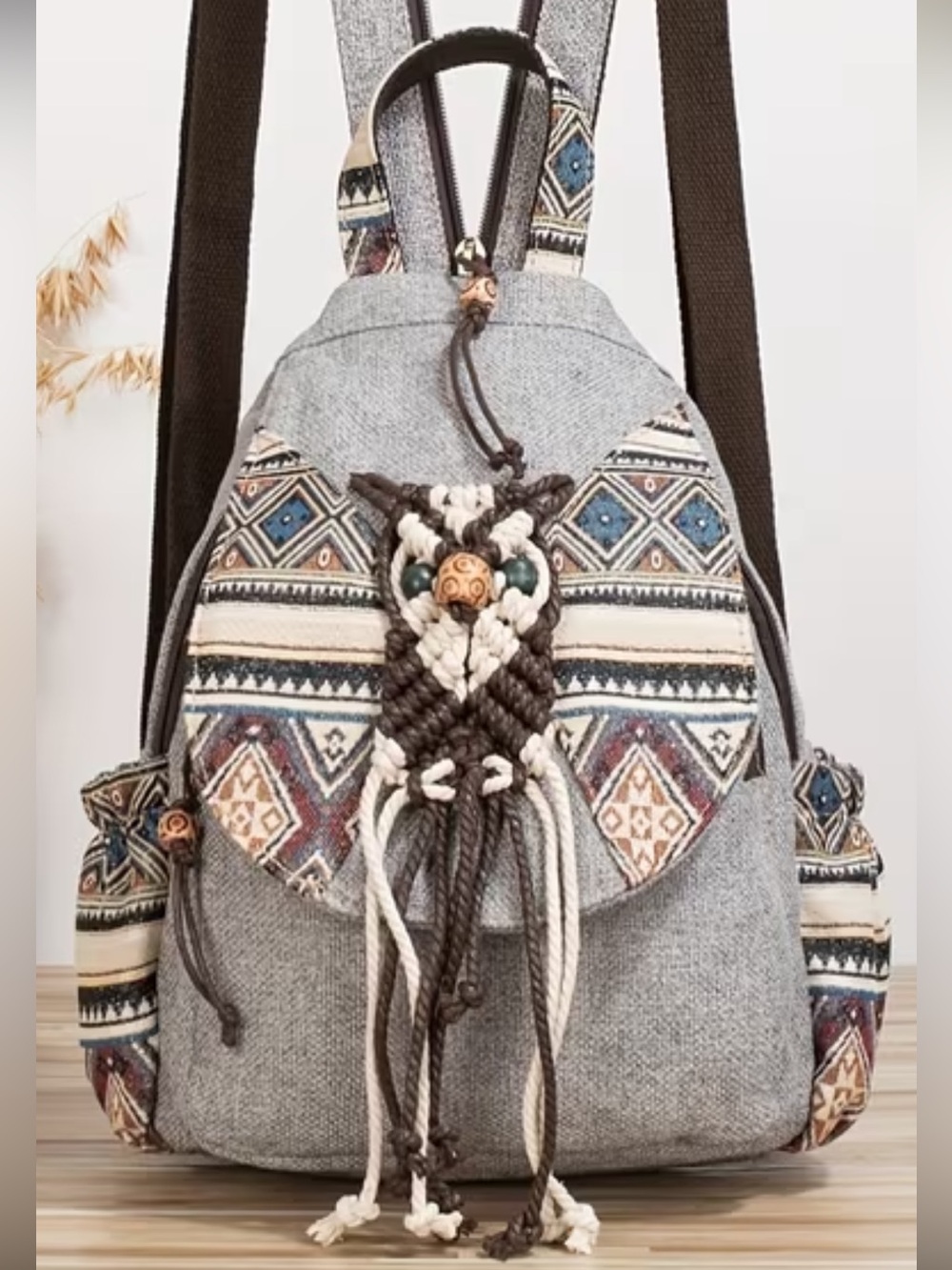Boho Southwestern Woven Mini Backpack w/ Macramé Detail